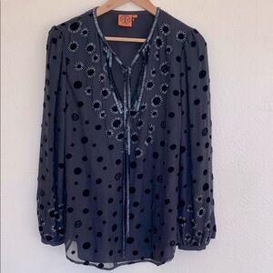 Tory Burch Angela Silk Beaded Top Tunic Black Velvet Dots Embellished Size 6